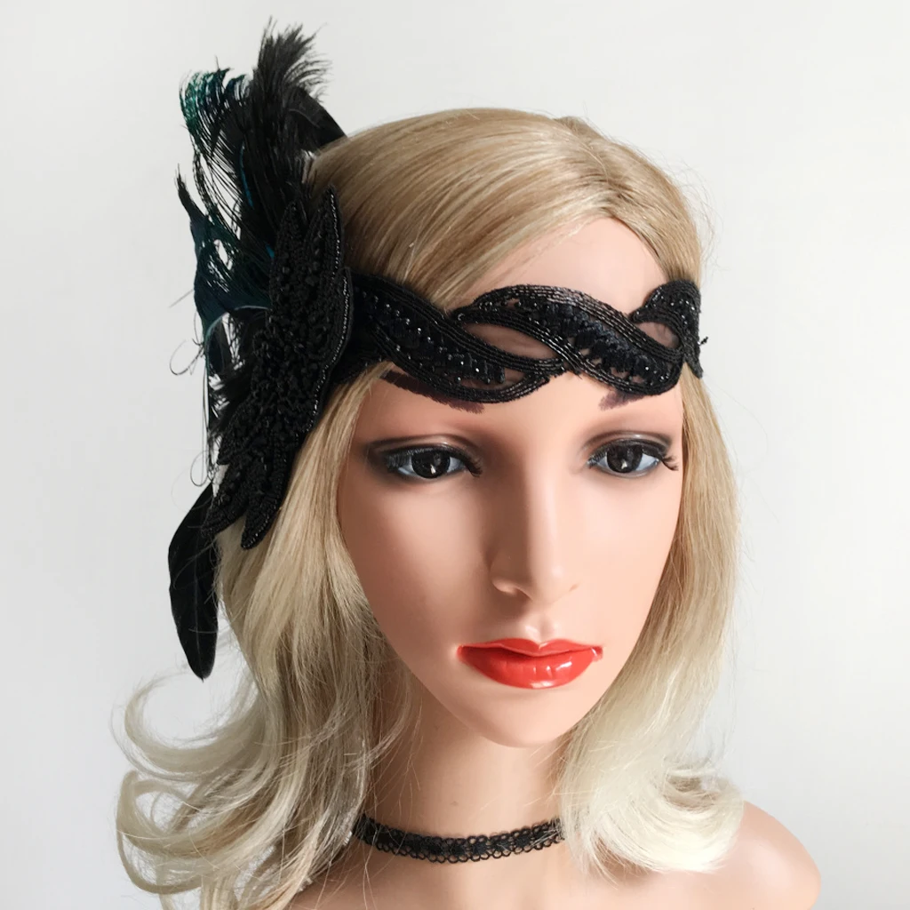 

Vintage 1920s Flapper Headpiece Feather Headband Crystal Beaded Headwear