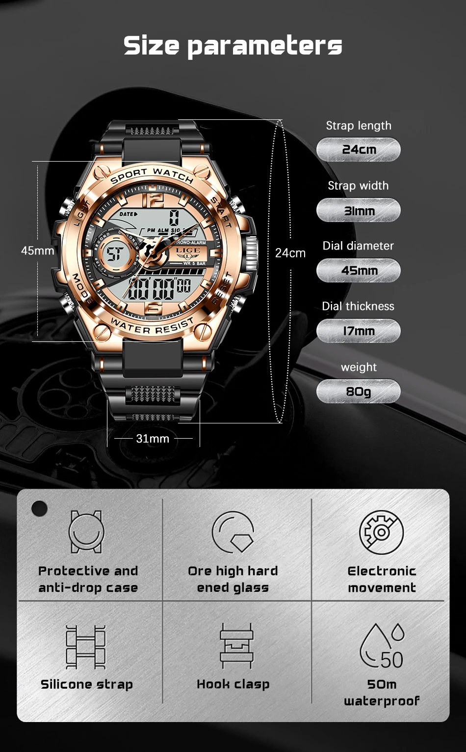 size Relogio Masculino 2021 LIGE Sport Men Quartz Digital Watch Creative Diving Watches Men Waterproof Alarm Watch Dual Display Clock