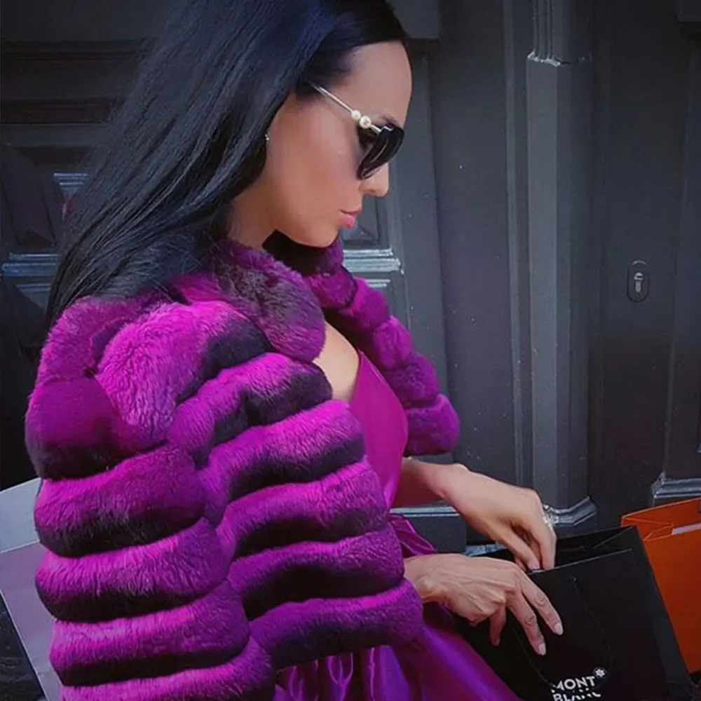 Fashion Women Real Fur Coat Winter 2022 New Purple Color Full Pelt Stand Collar Genuine Rex Rabbit Fur Jackets Trendy Overcoats
