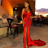 simple red v neck mermaid prom dresses women side slit party gowns sexy spaghetti straps 2021 evening dress backless sleeveless