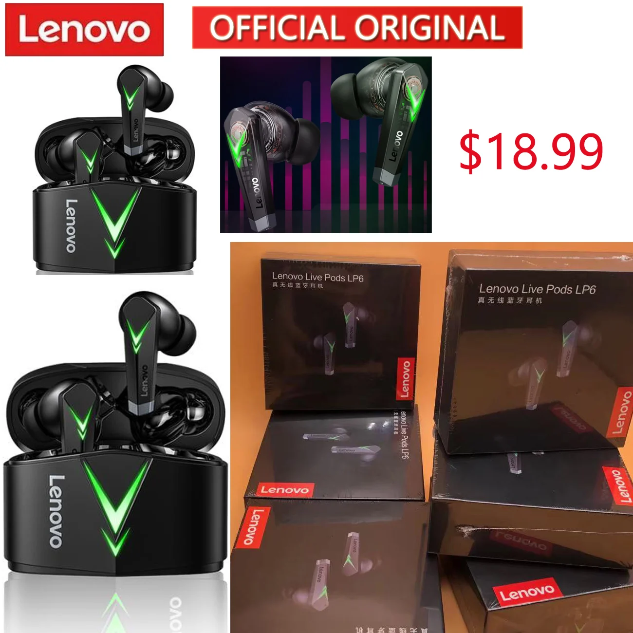 

ORIGINAL Lenovo LP6 LP80 TWS Wireless Earphone Bluetooth Headset Stereo Noise Reduction Bass Touch IPX5 Waterproof