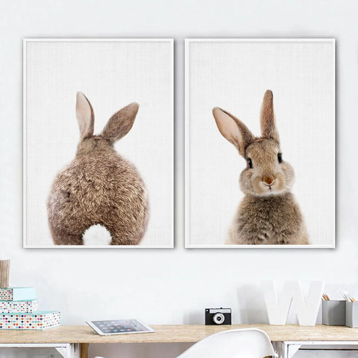 

Bunny Rabbit Tail Wall Art Picture Woodland Animal Canvas Poster Nursery Print Minimalist Painting Nordic Kids Baby Room Decor