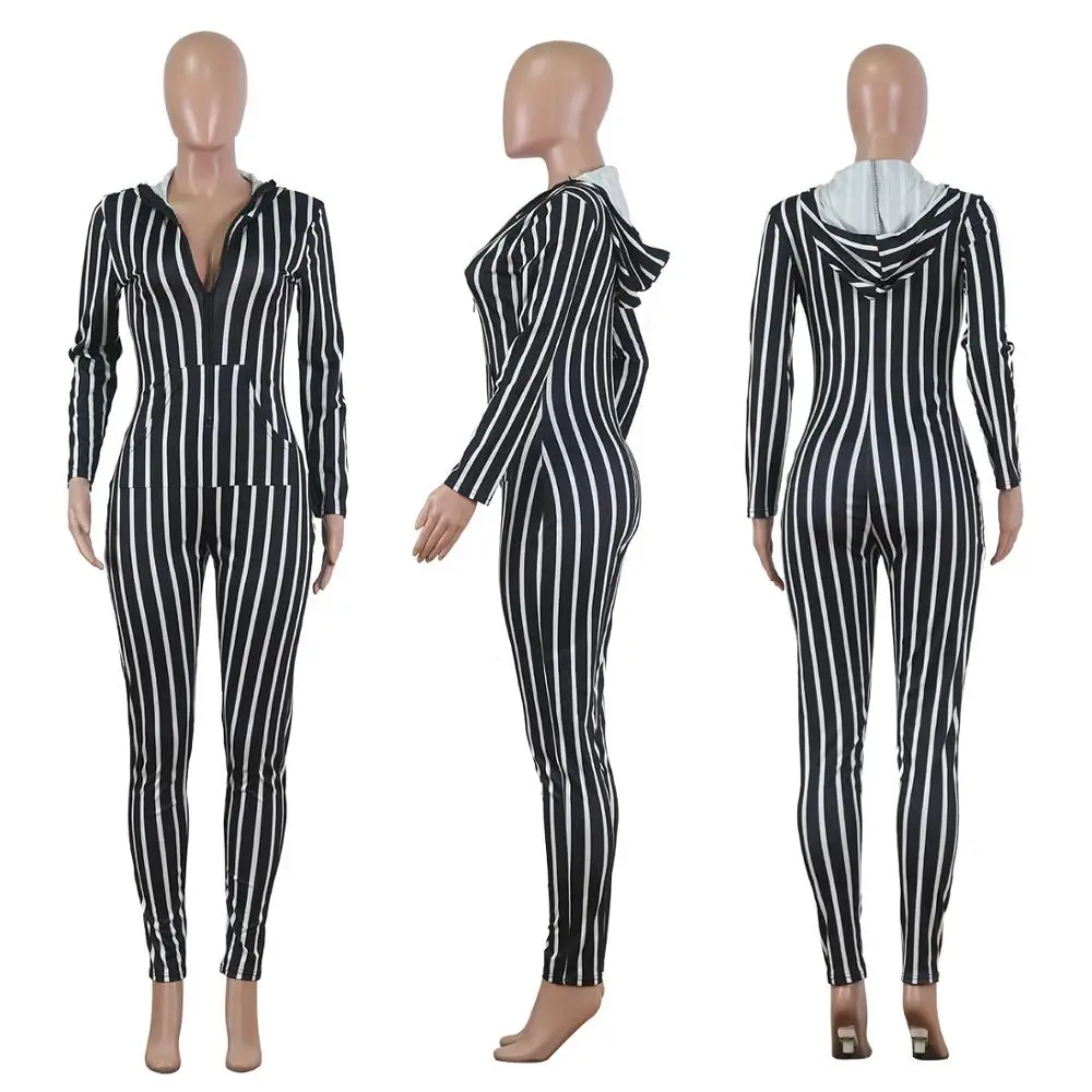 

Striped Print Casual Hoodies Bodysuits Deep V Club Sexy Long Sleeve Slim Rompers Plus Size Women Fashion Zipper Jumpsuits 2019