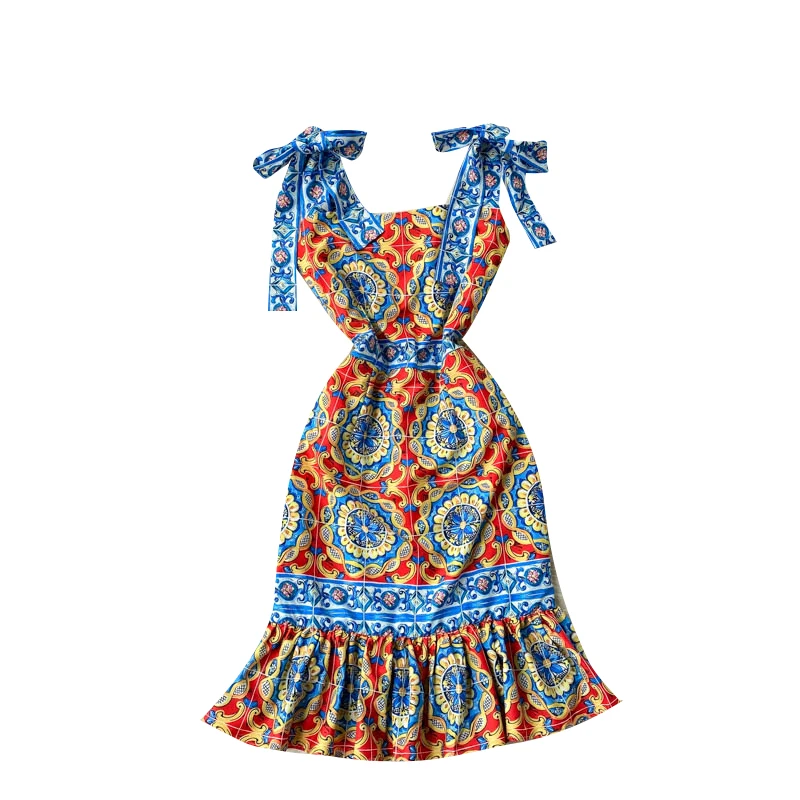 

2021 New Dress For Women Retro Print Strap Elegant Fashion Sleeveless Slim Party Dresses Summer Chic Streetwear Ruffles Dress
