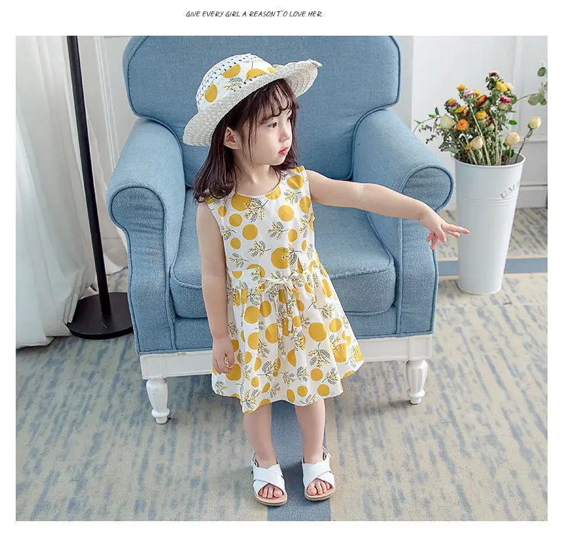 

OHMETOY 2pcs Girls Dress +Hat Cotton Comfortable Children's Dress 2021 Summer Dress Floral Girls' Sleeveless Dress For Children