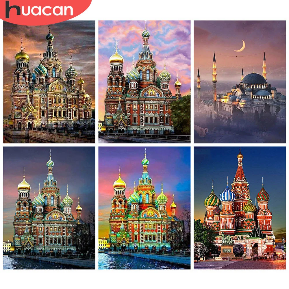 

HUACAN Full Square 5d Diamond Painting Church Wall Art Decor DIY Diamond Embroidery Cross Stitch City Landscape Handmade Gift