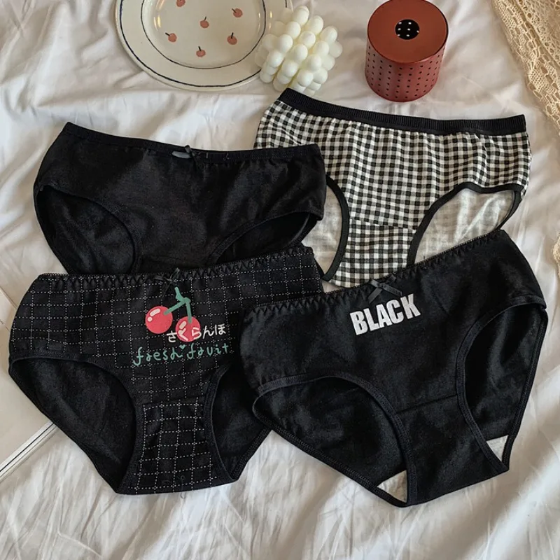 Черные трусики с принтом вишни 4 предмета нижнее белье со средней талией для