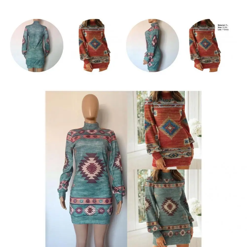 

Уличная одежда выше колена, женское платье мини в этническом стиле с высоким воротником и принтом для осени и зимы