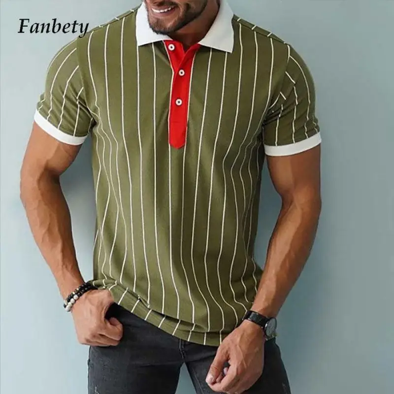 

Fashion Business Turn-Down Shirts Male 2021 Autumn Striped Loose Men Polo Shirt Retro Short Sleeve Button Casual Tops Pullover