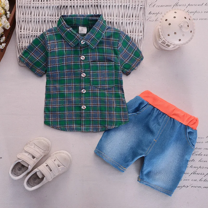Summer new Boys Clothing Baby boy cute plaid short-sleeved shirt + shorts Set 2 pieces Children Sets |