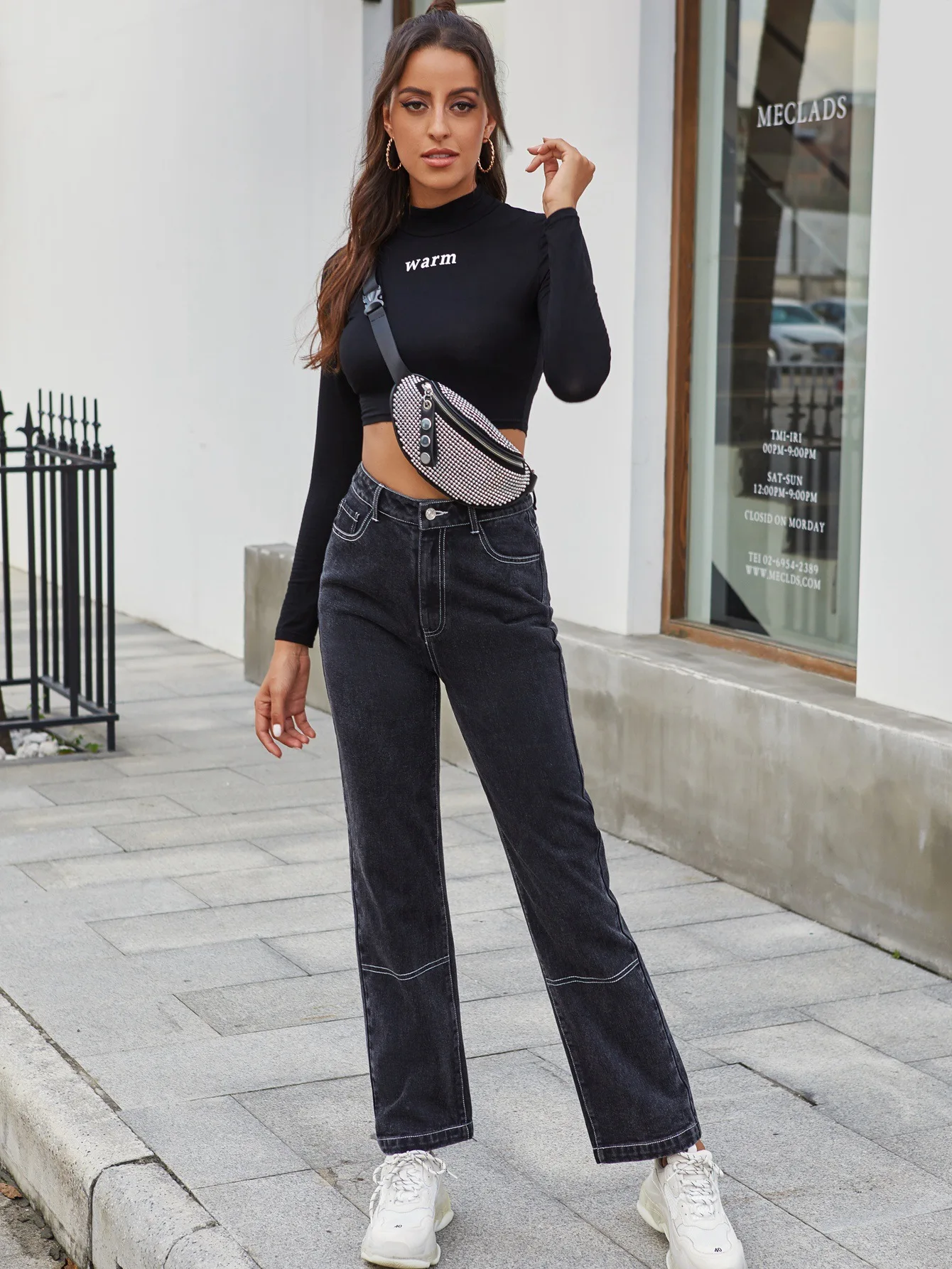 Women's Black Long Denim Pants Laides High Waist Casual Trousers With Side Pockets For All Seasons Slim Fit Jeans