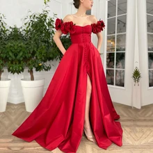 Off Shoulder Red Satin Sweep Train A Line Prom Gown For Woman Elegant With Flowers Front Slit Custom Plus Size Robe De Soriee (3)