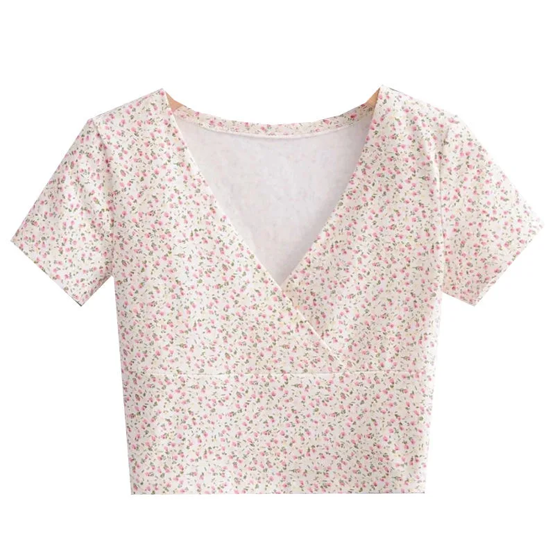 

EasyGarment 2021 Summer Young Crop Top Cute Korean Style Sexy Women Floral Short Sleeve V-Neck Chiffon Shirt