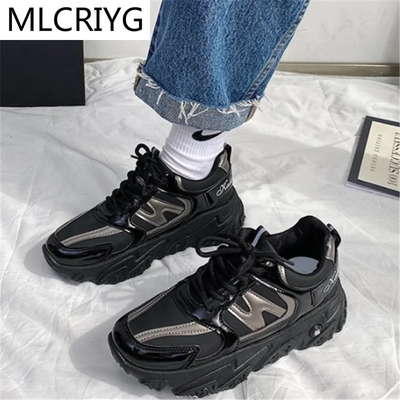 

Autumn Women's Chunky Sneakers Lace-up Platform Vulcanize Shoes Fashion Breathable Casual Running Shoe for Woman Female 2021