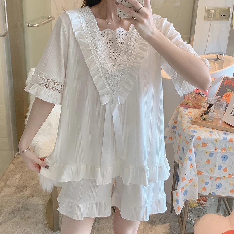 

Летние женские кавайная Пижама с кружевными оборками милый ночная рубашка для мужчин плавки шорты Костюм Пижама для девочки комплекты Дамс...