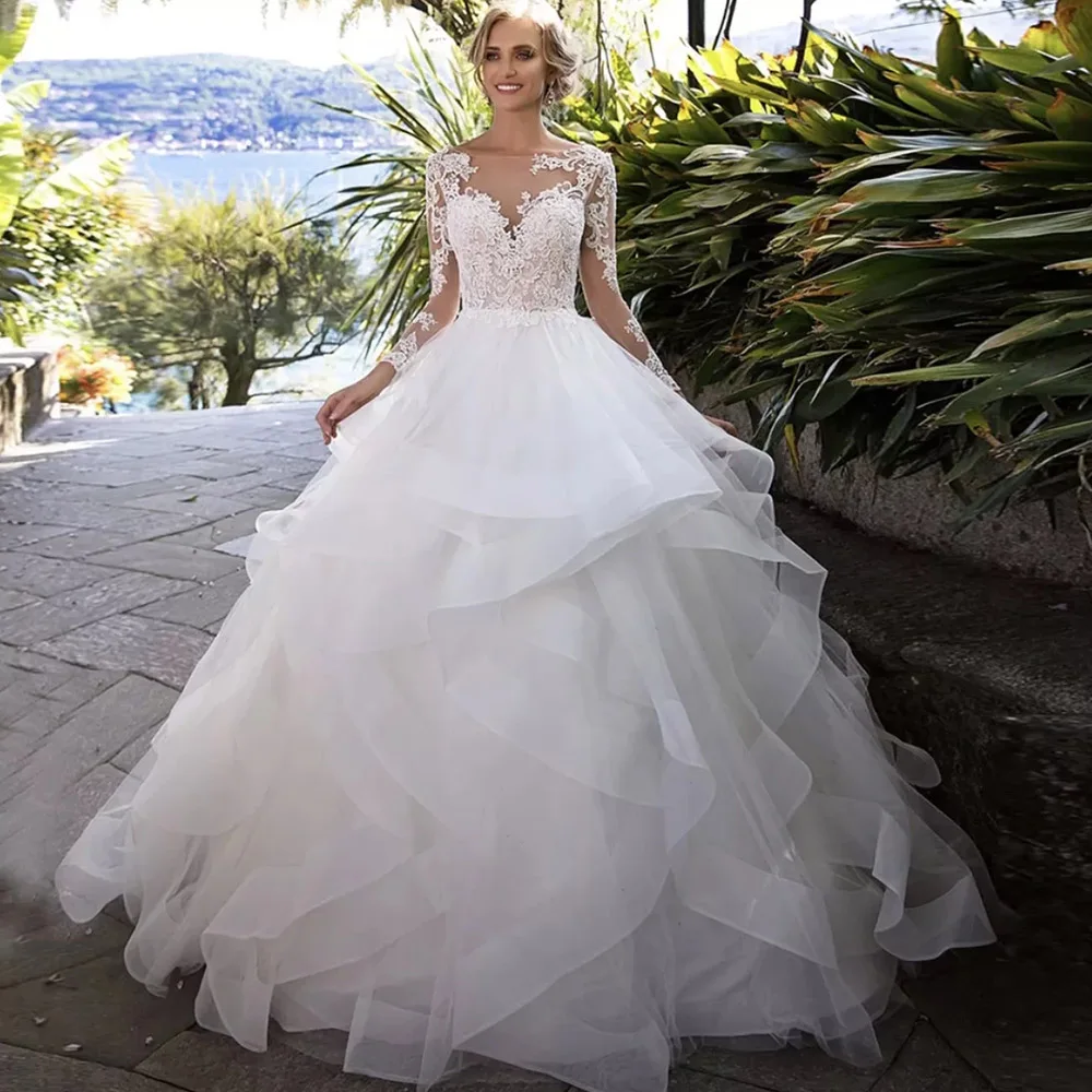 

Princess Wedding Dress 2021 Tiered Ruffles Skirt Long Sleeve Lace Appliques Sweep Train Bridal Gown Vestidos De Noiva Pleats