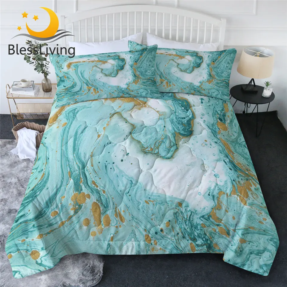 

BlessLiving Marble Summer Blanket Chic Air-conditioning Comforter Mint Gold Glitter Turquoise Bedspread Abstract Thin Quilt King