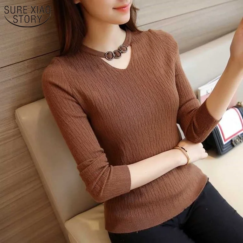 

Solid Women Sweaters Autumn and Winter 2021 Long Sleeve Knitted Sweater Thin Korean Pullover Slim Office Lady Clothes 10609