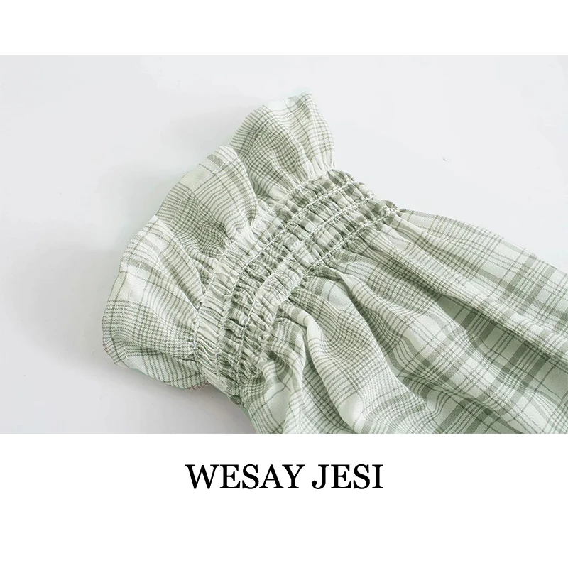 

WESAY JESI Za Summer Dress Fashion Party Dresses Puff Sleeve Off Shoulder Dress Woman Elastic Back Casual Elegant Plaid Sundress