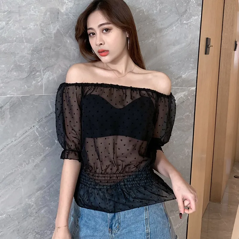 

Summer Women's Slash Neck Blouses See Through Ladies Off Shoulder Sexy Polka Dot Short Sleeve Shirt Tops