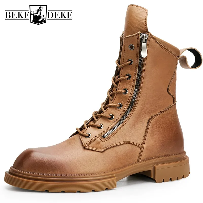 

England Style Men High Top Genuine Leather Boots Autumn Winter Zipper Platform Work Boots High Quality Motorcycle Boots Male