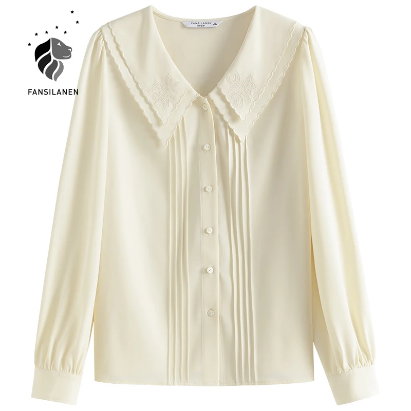 

FANSILANEN Embroidery floral chiffon blouse shirt Women double layer pleated vintage blouse Casual streetwear black top female