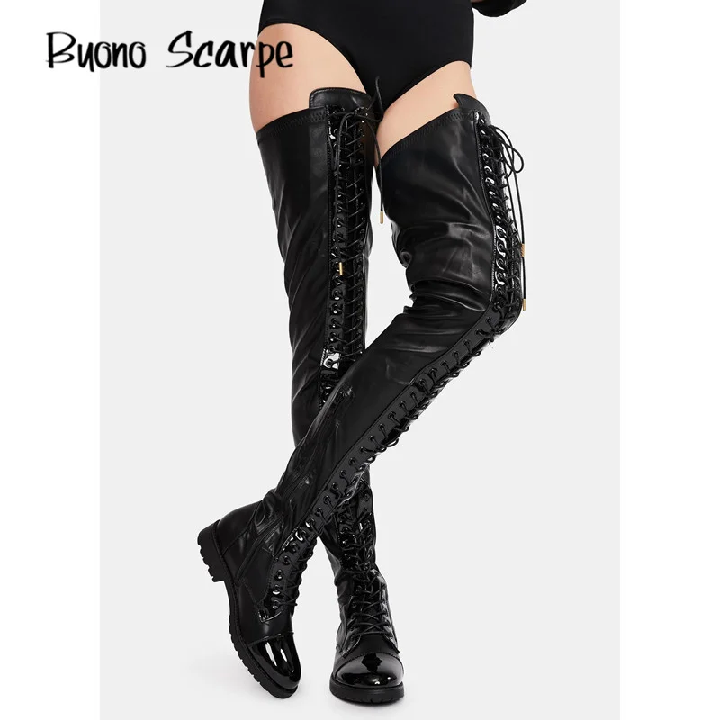 

Night Club Cross Tied Sexy Over The Knee Boots Patent Leather Flat Shoes for Women's Boots Round Toe Lace Up High Boots Botas