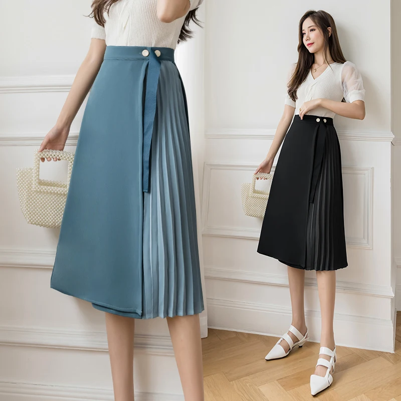 

Summer One Piece Women Irregular Women Chiffon High Waist Skirt Blue Black Womans Clothes Skirts 2xl Buttons
