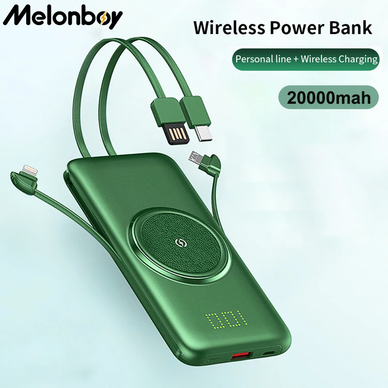 

Melonboy Portable Power Bank 10000mAh Wireless Powerbank 4 Charging Cable Type C Micro Usb Charger For Samsung Xiaomi iPhone