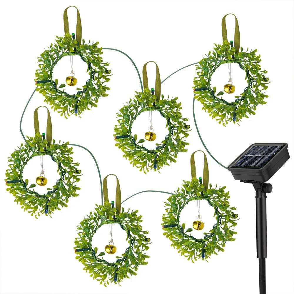 

6 венков на солнечной батарее, Рождественские огни, уличные садовые огни с колокольчиками, 8 режимов, водонепроницаемые сказочные украшения ...