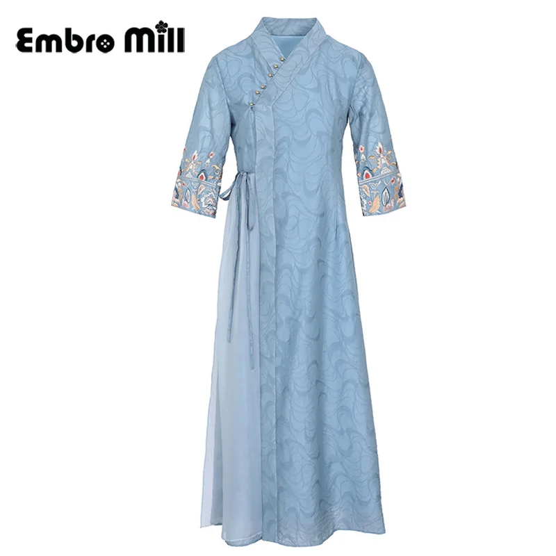 

Spring And Summer New Tencel Jacquard+ Chinese Style Embroidery Half Sleeve Ladies Slim Mid-Length Dress S-XXL