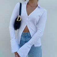 sexy v neck long sleeved white top women 2022 fashion elegant button cardigan t shirt bloues clothes outfits streetwear mujer