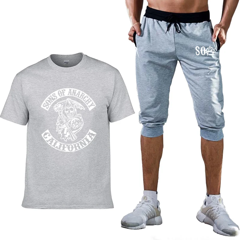 

Summer Hot TV SOA Sons of Anarchy Cosplay Costume Mens T-shirt SAMCRO Skull Print high quality Cotton T-Shirts+pants suit