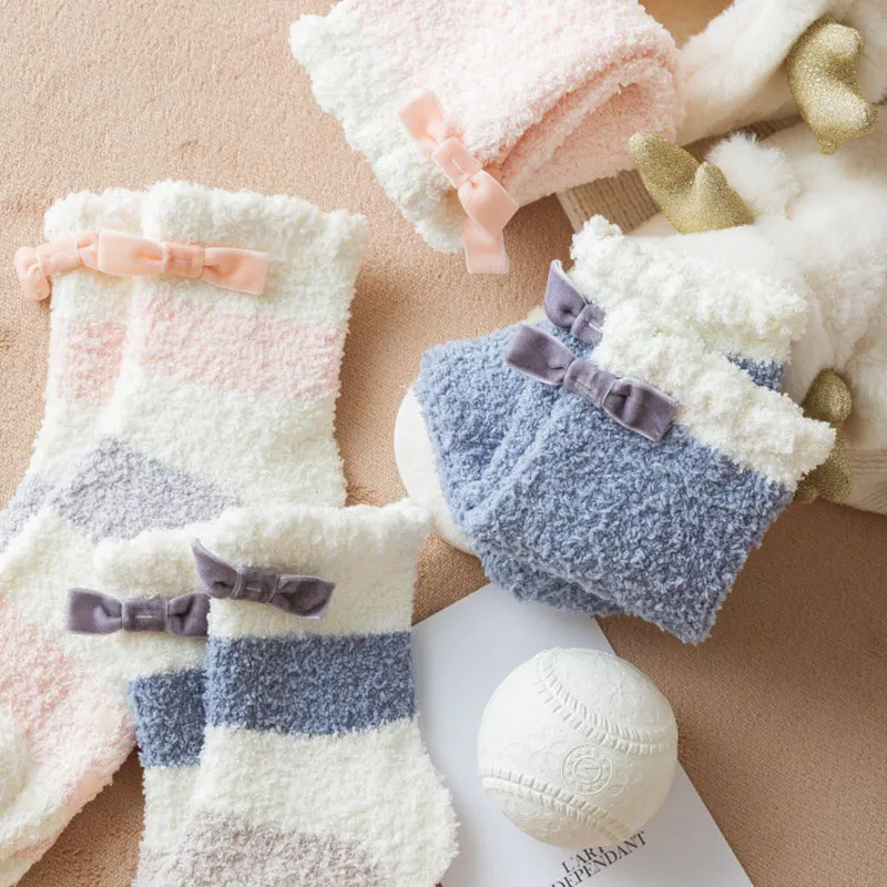 

Lovely Striped No-slip in Autumn and Winter Plush and Thickened Warm Winter Socks Comfort Bow Sleeping Socks at Home Floor Socks