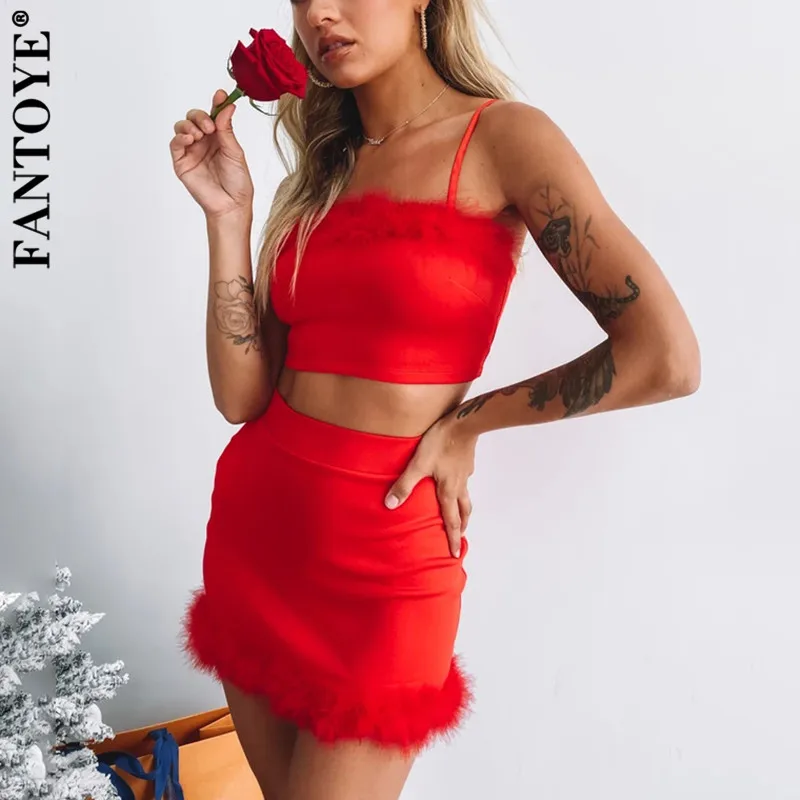 FANTOYE сексуальный комплект из двух предметов с перьями Короткие топы и юбки