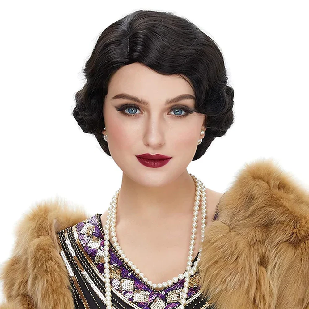 Flapper Wig Finger Wave Wig Short Curly human Hair wig for Women Costume Halloween Party Daily Everyday Wear