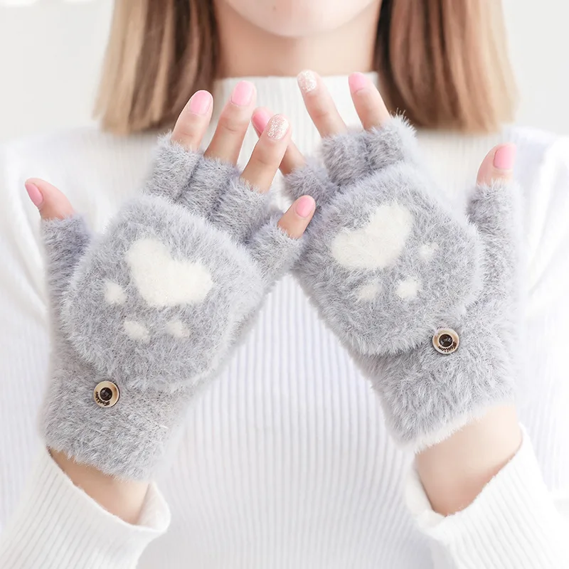 

Women's Winter Warm Touch Screen Gloves Cute Cat claw Sensory Fingerless Gloves Knitted Fluff Outdoor Flip cover Gloves 1 Pair