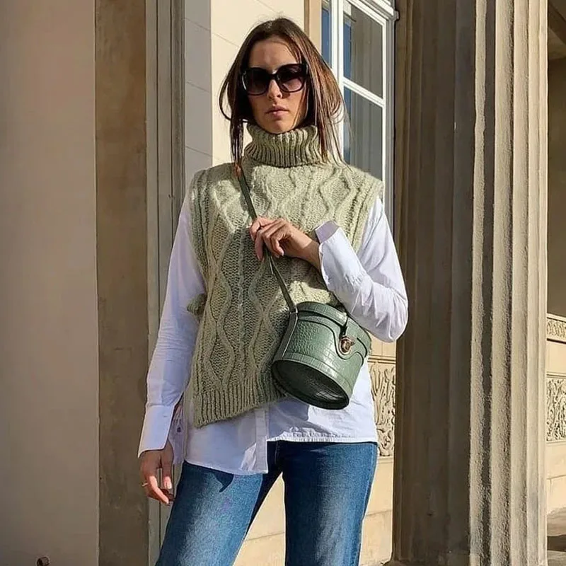 

Foridol Agryle Knitted Turtleneck Twist Vintage Sweater Waistcoat Green Straight Winter Knitting Vest Thick Casual Retro Pull