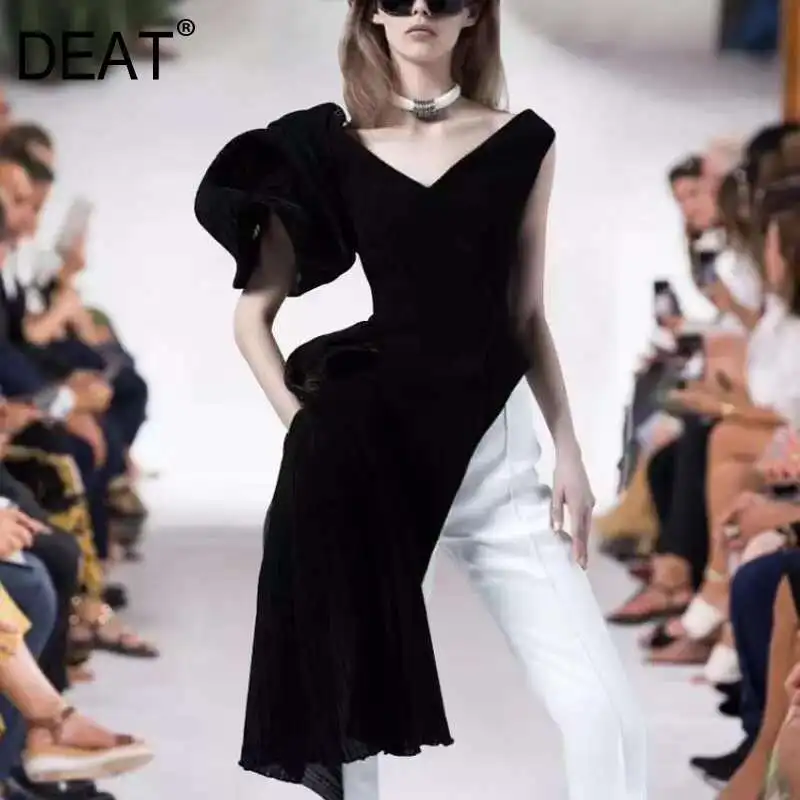 DEAT однотонные Цвет платье с v образным вырезом поясом пузырь асимметричное
