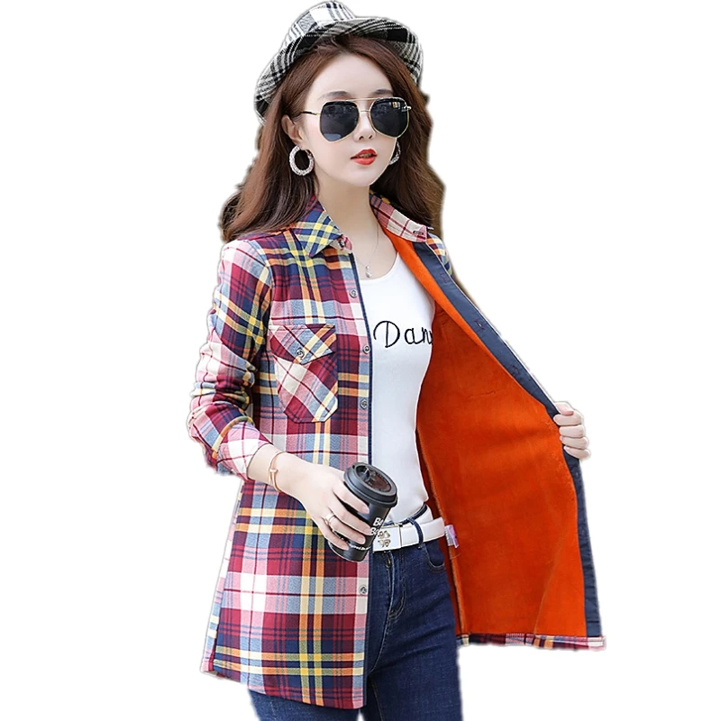 Женская зимняя теплая хлопковая длинная клетчатая блузка модная Вельветовая