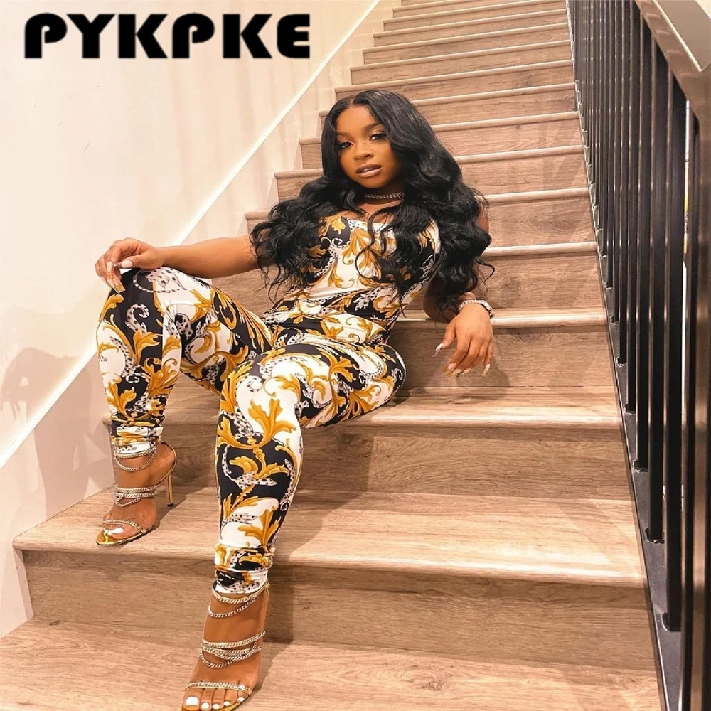 

Women Jumpsuit Print Sleeveless Stretchy Pencil Jumpsuits Sexy One Piece Overalls Summer Outfits 2021