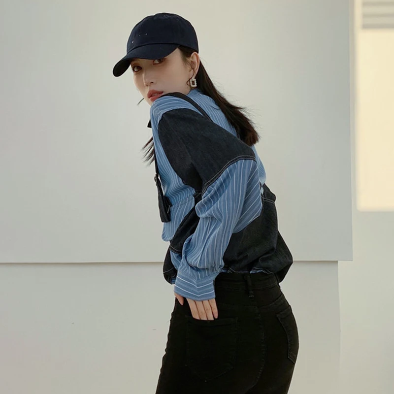 

SHENGPALAE Patchwork Striped Blouse Women's Spring 2021 New Lapel Single Breasted Large Size Long Sleeve Fake Two Piece Shirt