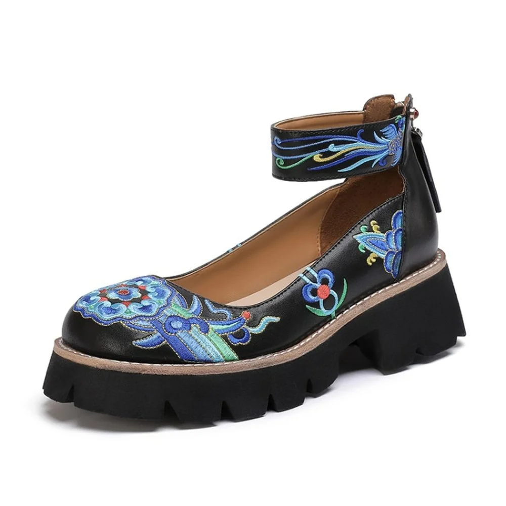 

Женские туфли-лодочки на платформе, винтажные туфли из натуральной кожи с цветочной вышивкой и круглым носком, на высоком блочном каблуке, ч...
