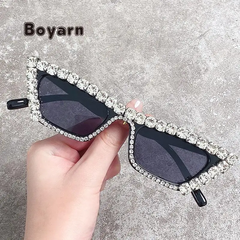 

Boyarn 2022 New Small Frame Diamond Sunglasses, Personality Explosion Style Handmade Diamond Glasses, All-match Chain Sunglasses