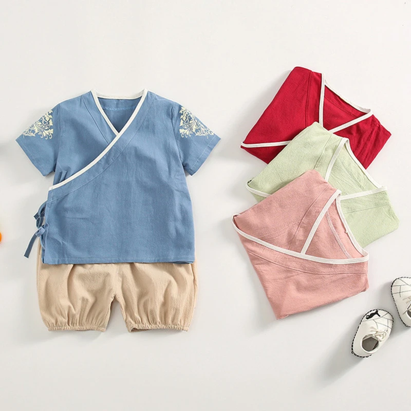 Детский костюм Тан с коротким рукавом для детского сада ханьфу шорты выступления