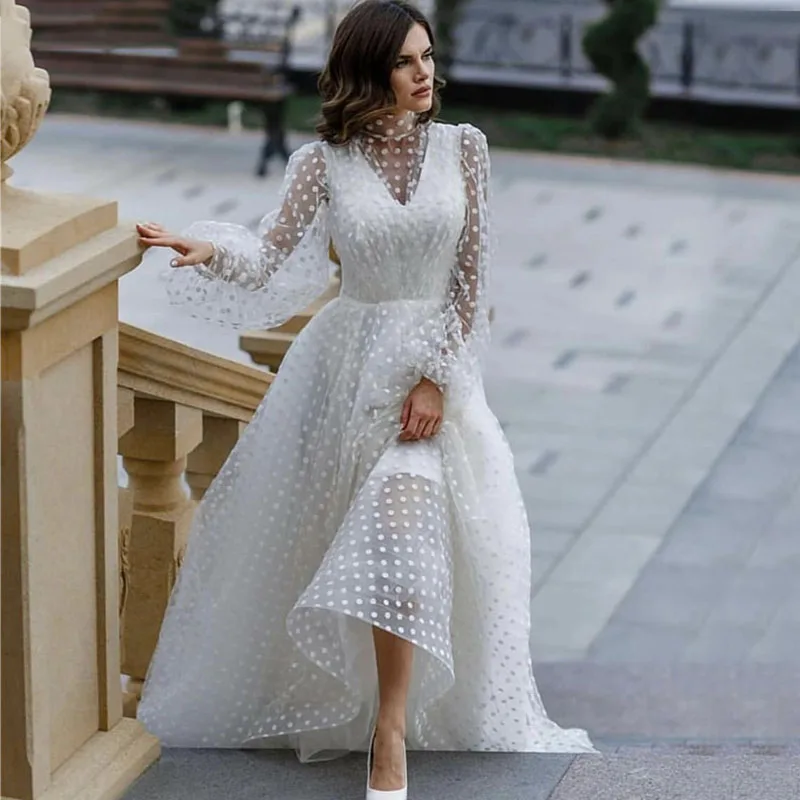 Женское вечернее платье в горошек с длинным рукавом фонариком|Платья на