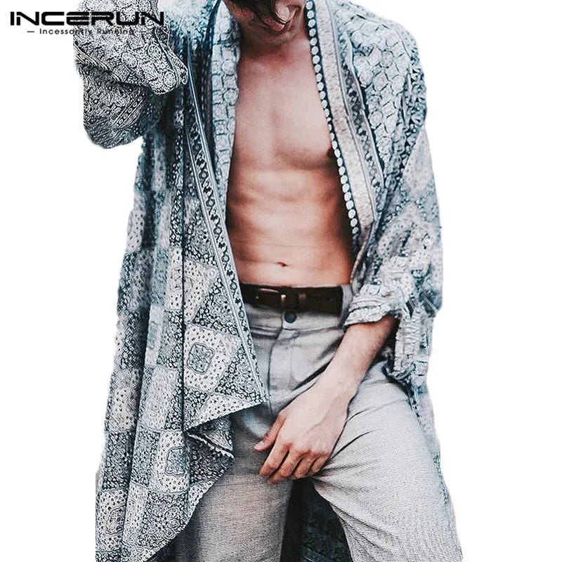 

Тренч INCERUN мужской в этническом стиле, винтажный удлиненный кардиган с принтом и длинными рукавами, Повседневная накидка, куртка, Размеры ...