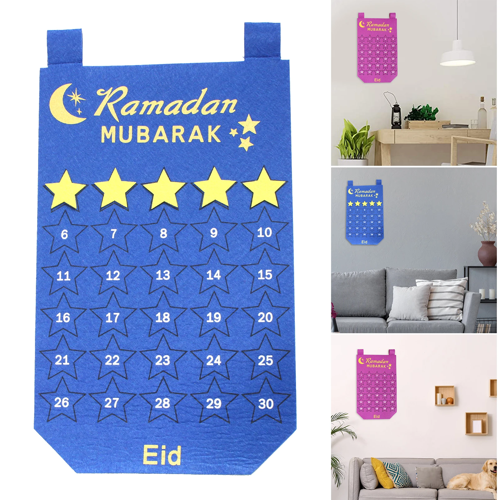 

Eid Mubarak Fabric Calendar with 30PCS Star Stickers Ramadan Wall-hanging Felt Countdown Festival Gift for Muslim DU55