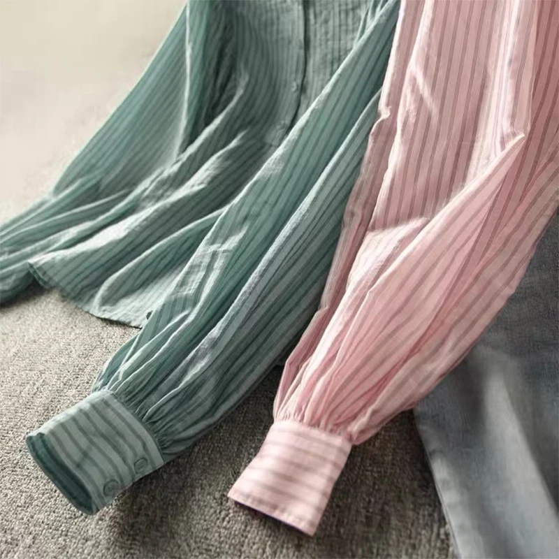 

2021 Summer Style Women's French Palace Stripe Collar Puff Sleeve Tulle Shirt Casual Refreshing Loose Top Temperament All-match