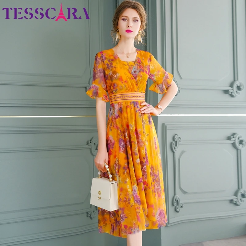 Женское летнее элегантное Сетчатое платье TESSCARA высококачественное вечернее с V